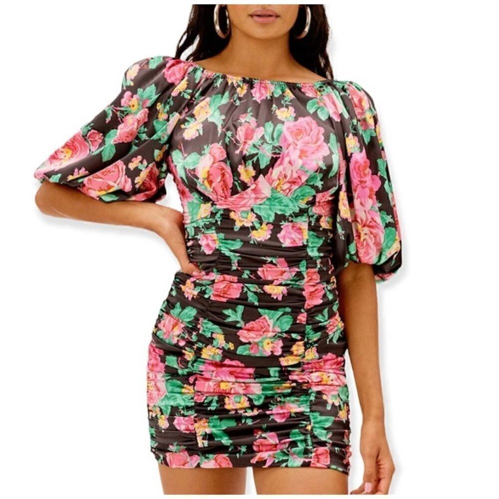NWT For Love and Lemons Jolie Mini Dress with Puff Sleeves in Black - XS